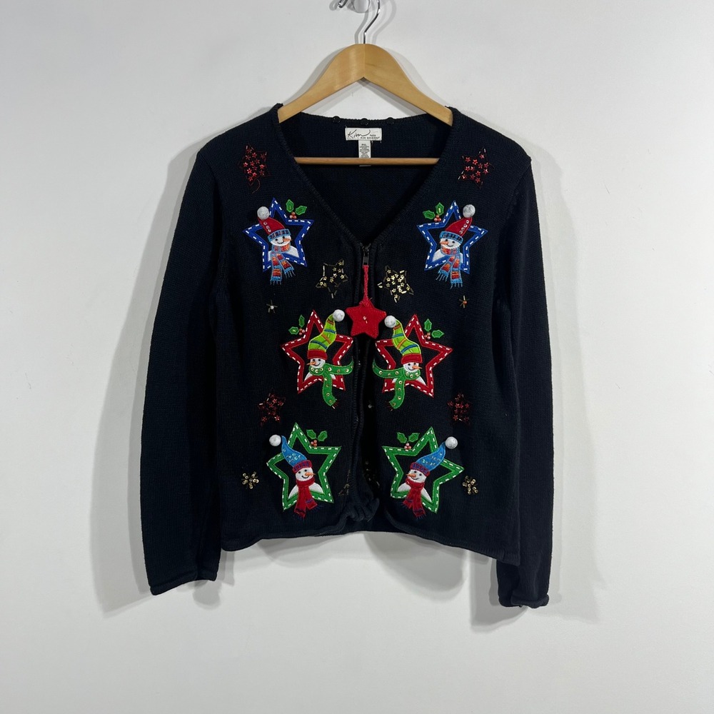 Kim Rogers VTG Holiday Christmas Cardigan Snowman Elf Stars Womens PXL Cottage